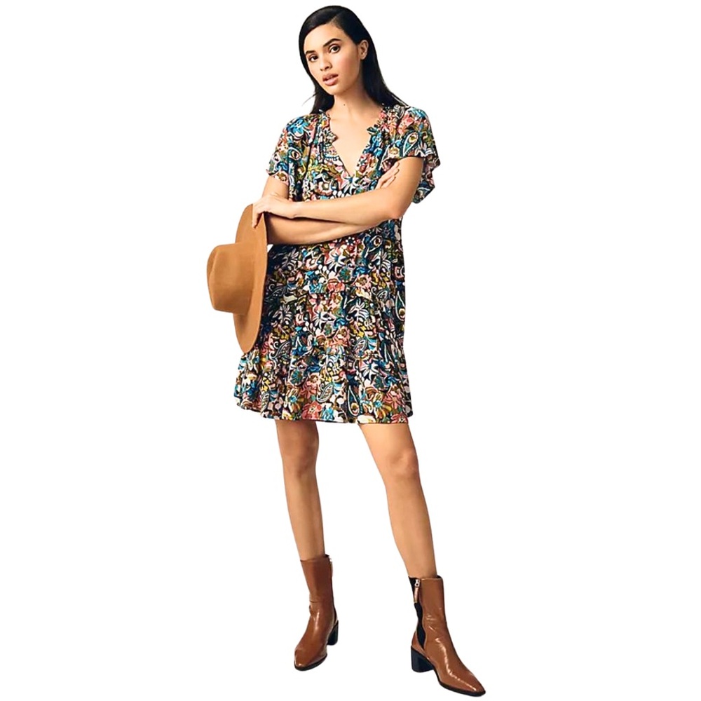 Anthropologie Pink and Blue Flutter Sleeve Mini Sundress